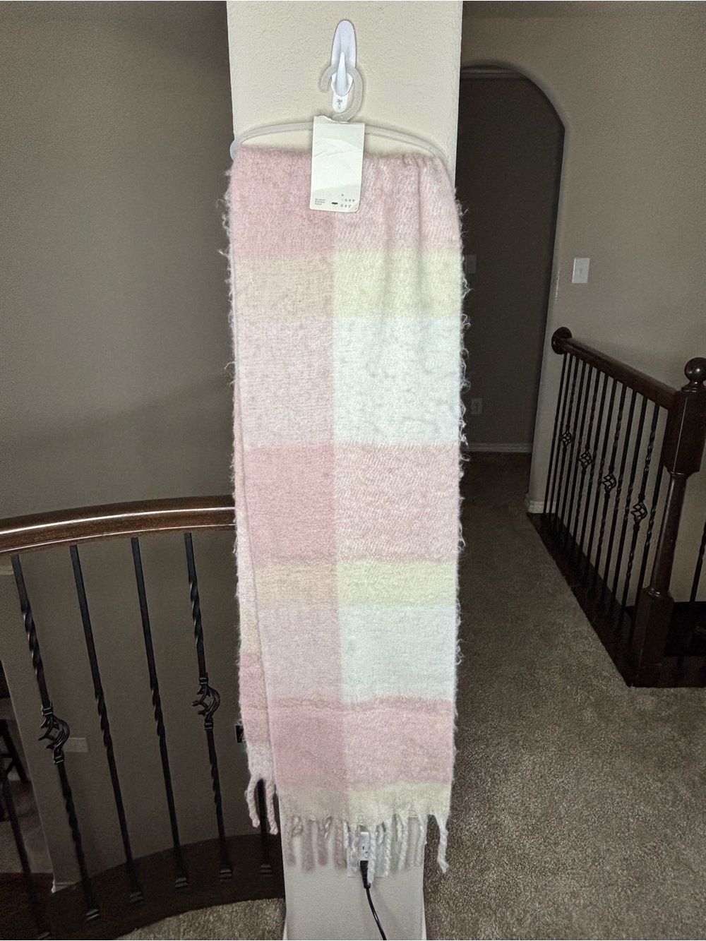 a new day Pastel Pink Plaid Fringe Knit Scarf NEW Fall Coquette Winter Girly